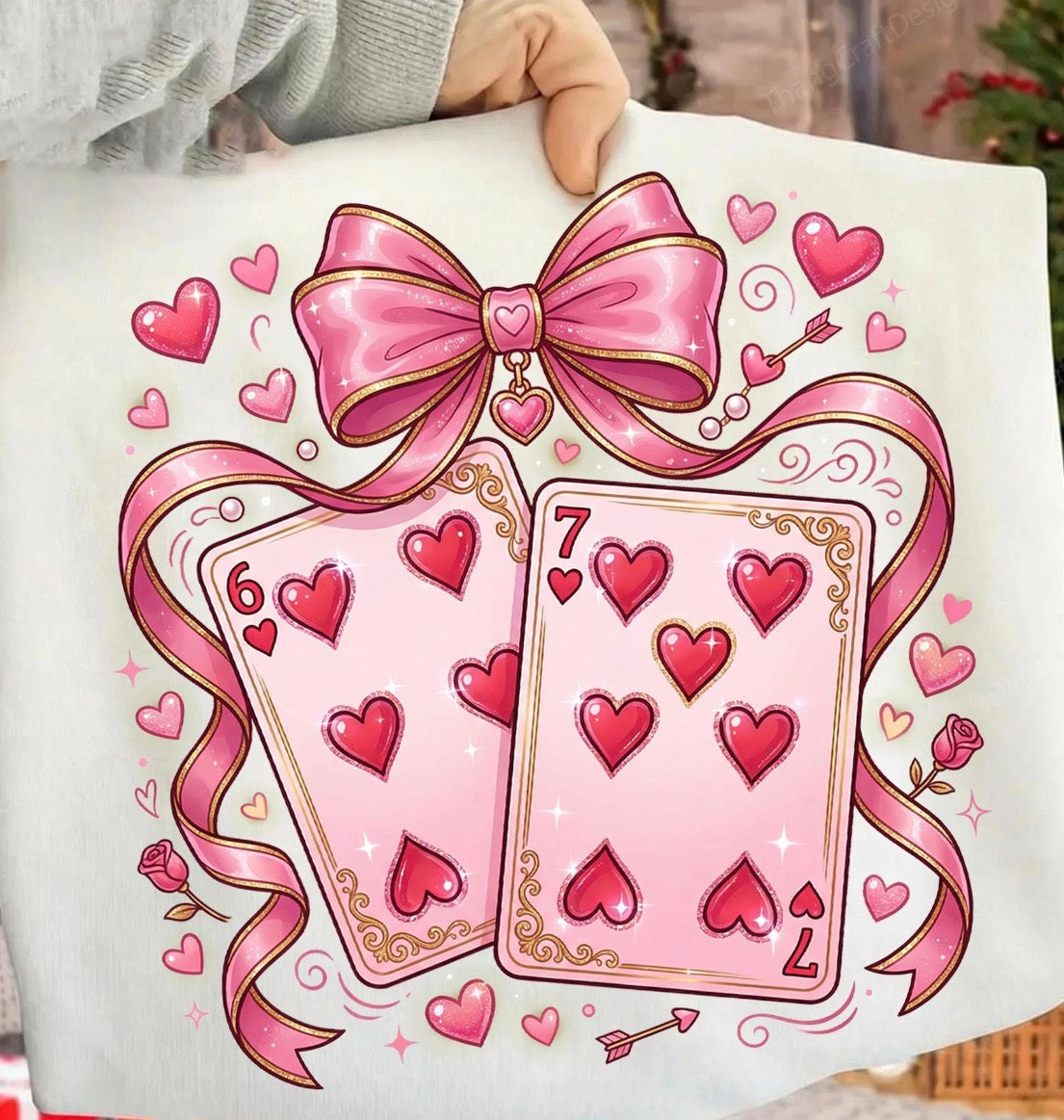 Pink Bow Valentines 6 7 Cards- Women’s Graphic Tee